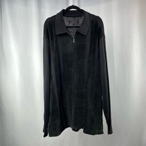 Lorenier Leather Woven Detail Wool Blend Sweater Jacket‎ in Black Size XL